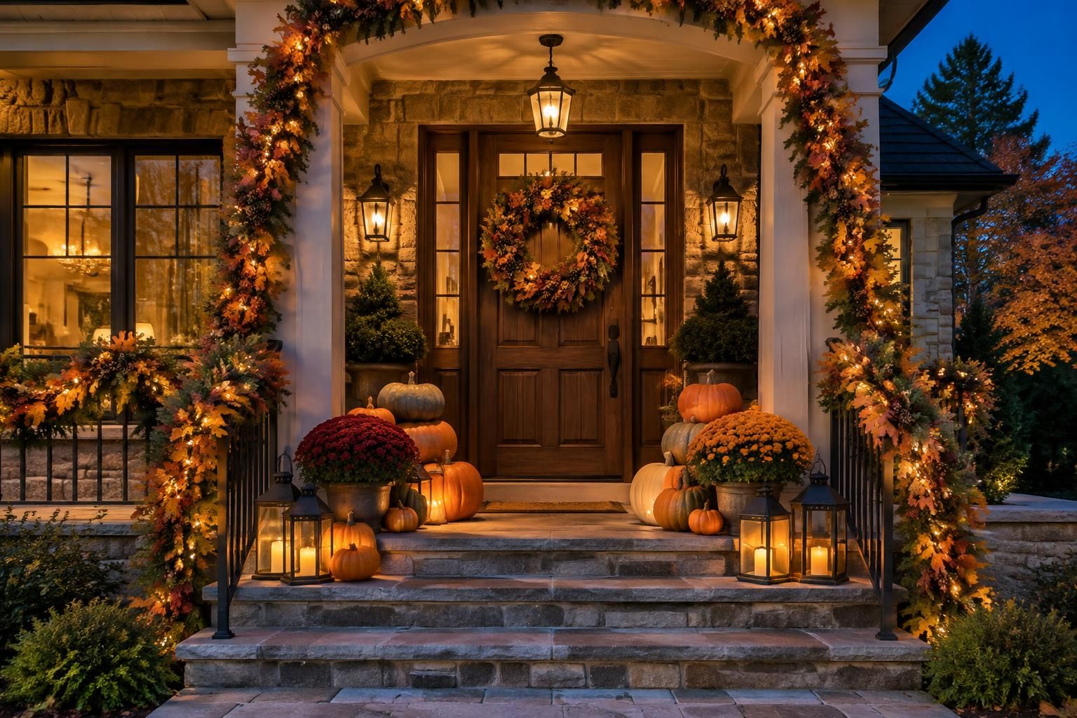 Example of a Thanksgiving-decorated front porch and deck